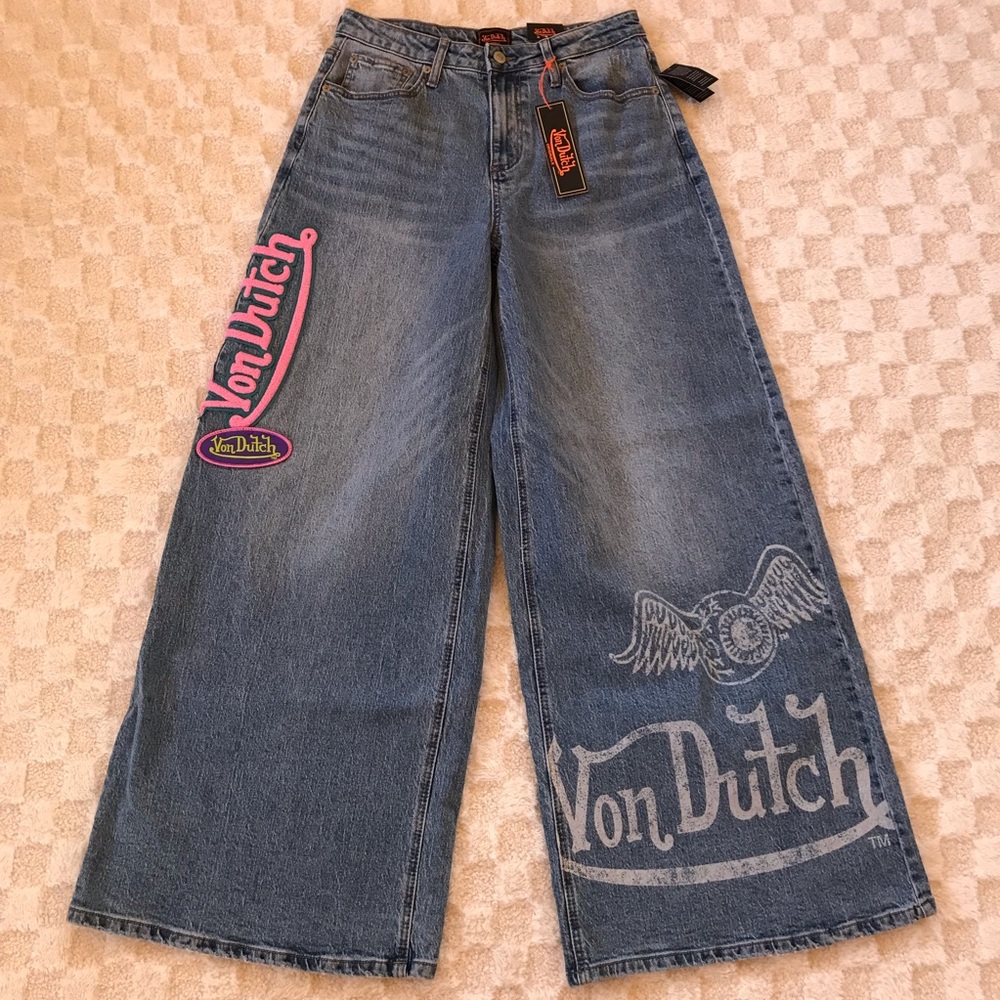 Von Dutch Wide Leg Patched Denim Jeans